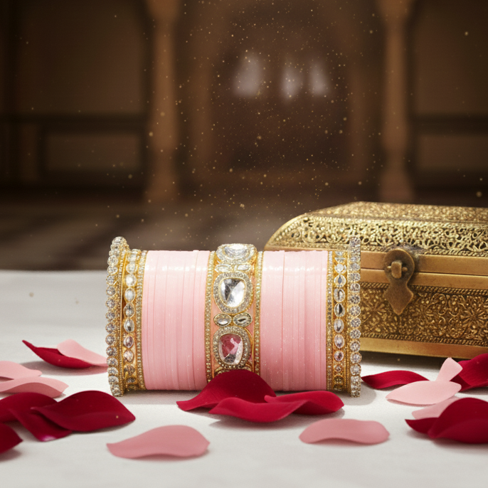 Bridal Pink Metal Gold Chuda Set | Traditional Wedding Bangles for Women | Set of 70