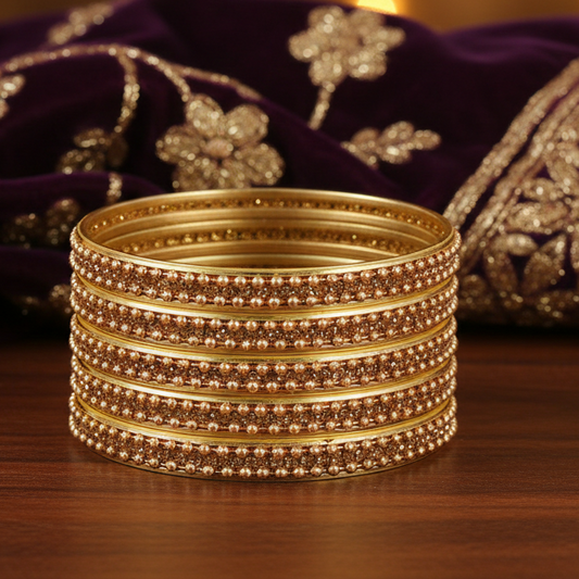 Golden Zircon Studded Ball Chain Linked Bangle Set for Women & Girls