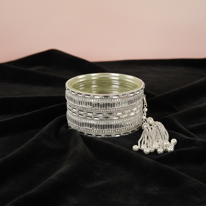 silver Glass Latkan Bangles Set For Wedding, - Set of 6