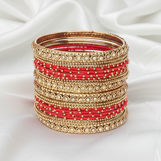 Traditional Red & Gold Silk Thread Bangles Set for Festive Wear – 20 Pieces
