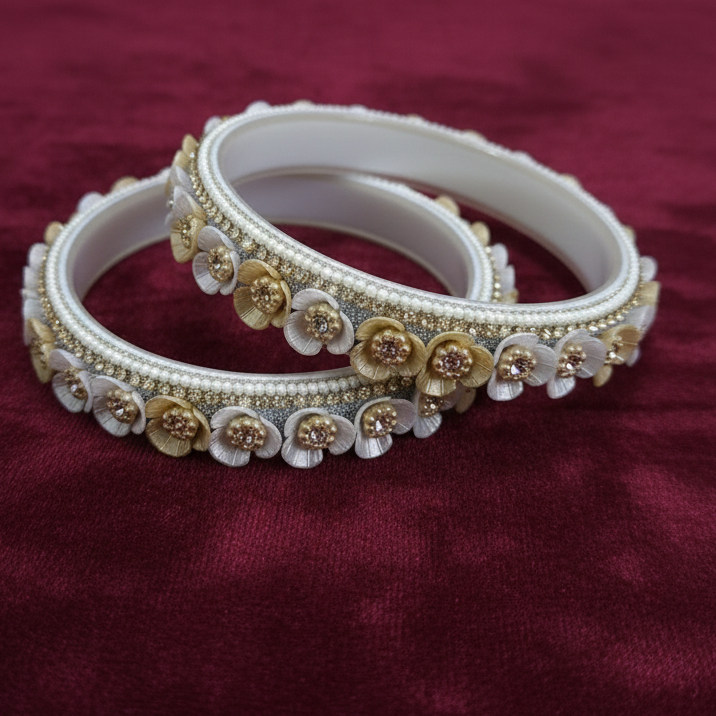 White Floral Glass Kada with Pearl & Stone Work (Set of 2)