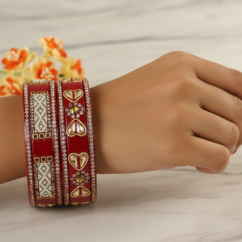 The Golden Zircon Diamond & Kundan Work Red Bangle Set with White Moti (Set of 6)
