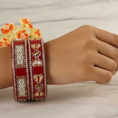 The Golden Zircon Diamond & Kundan Work Red Bangle Set with White Moti (Set of 6)