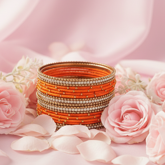 Orange Silk Thread Zircon Studded Bangle Set with Ball Chain – Glossy Finish for Women and Girls