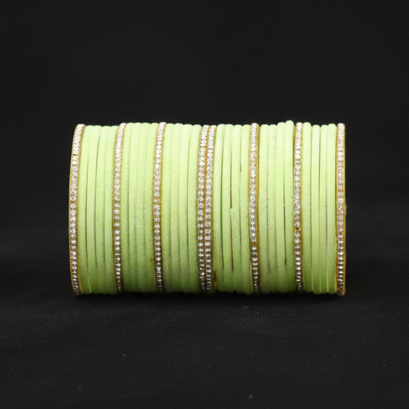 Pista Green Velvet & Glass Bangles Set with Stone Work – Pack of 32