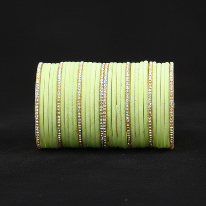 Pista Green Velvet & Glass Bangles Set with Stone Work – Pack of 32