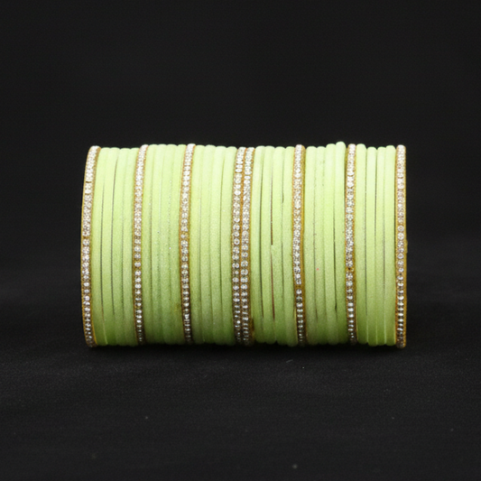 Pista Green Velvet & Glass Bangles Set with Stone Work – Pack of 32