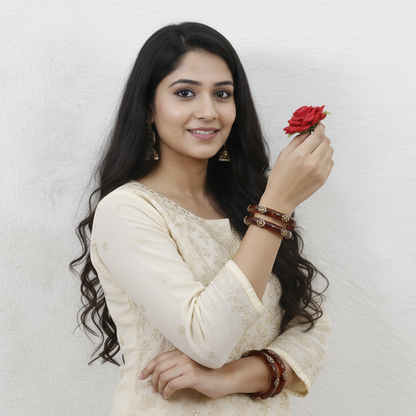 Belgium Kada Glass Bangles | Brown Color with Floral Design | Traditional Stylish Pack of 2