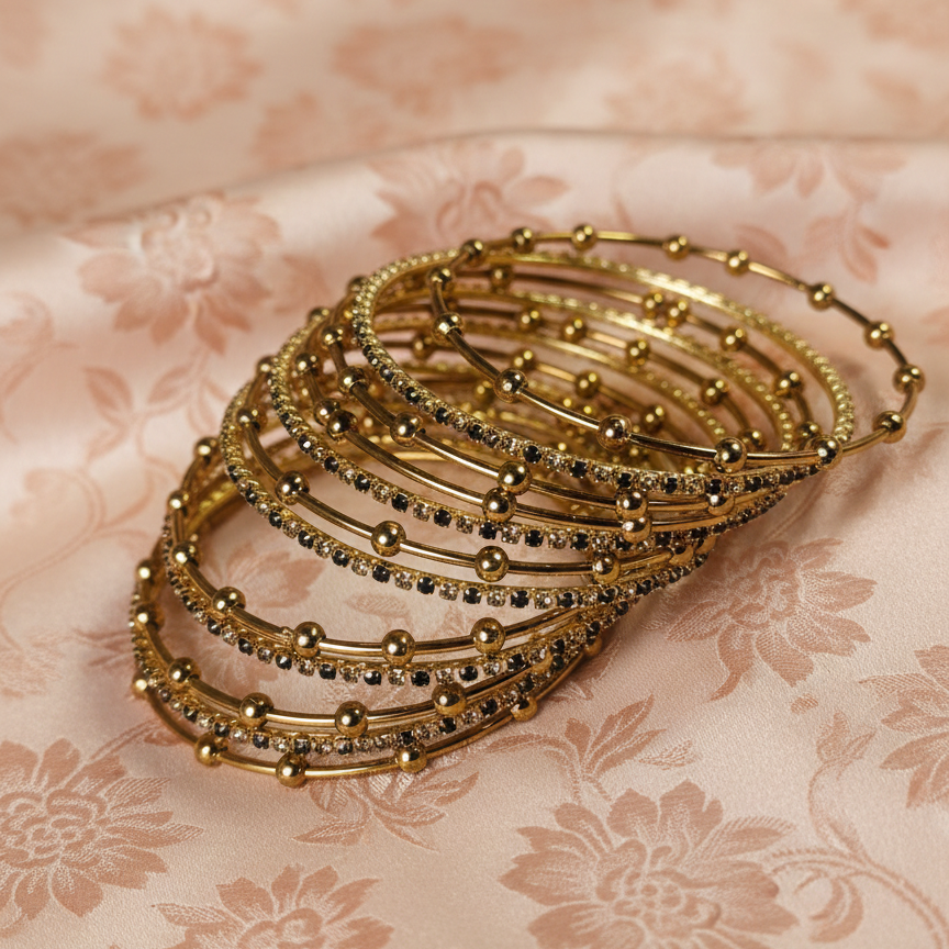 Gold Beaded Zircon Studded Stackable Metal Bangles Set-Pack of 26