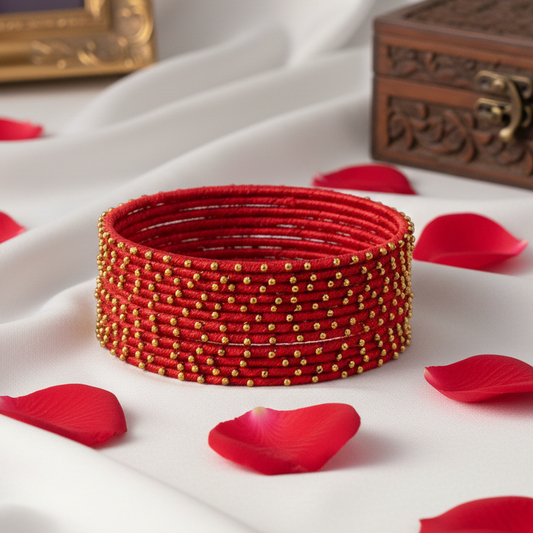 Red Silk Thread Ball Stone Linked Glossy Bangle Set for Women & Girls | Pack of 12