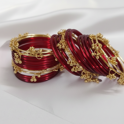 Bridal Red Glass Bangles with 8 Ghungroo Metal Charms – Set of 24