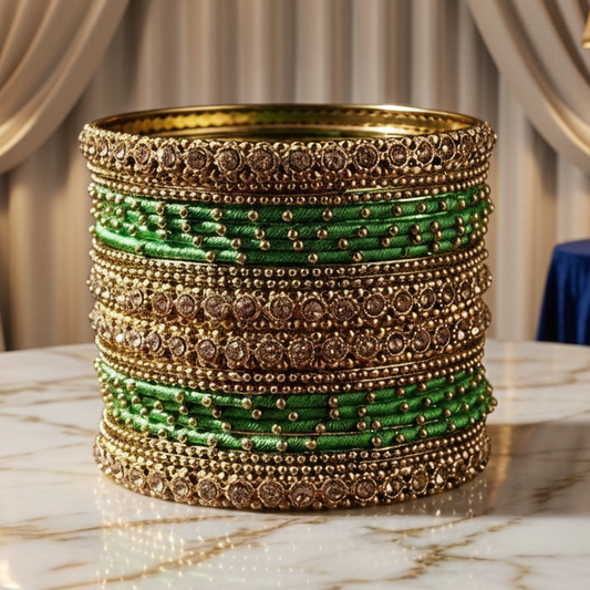 Traditional Golden Zircon & Silk Thread Bangles (T-Green)– Pack of 20