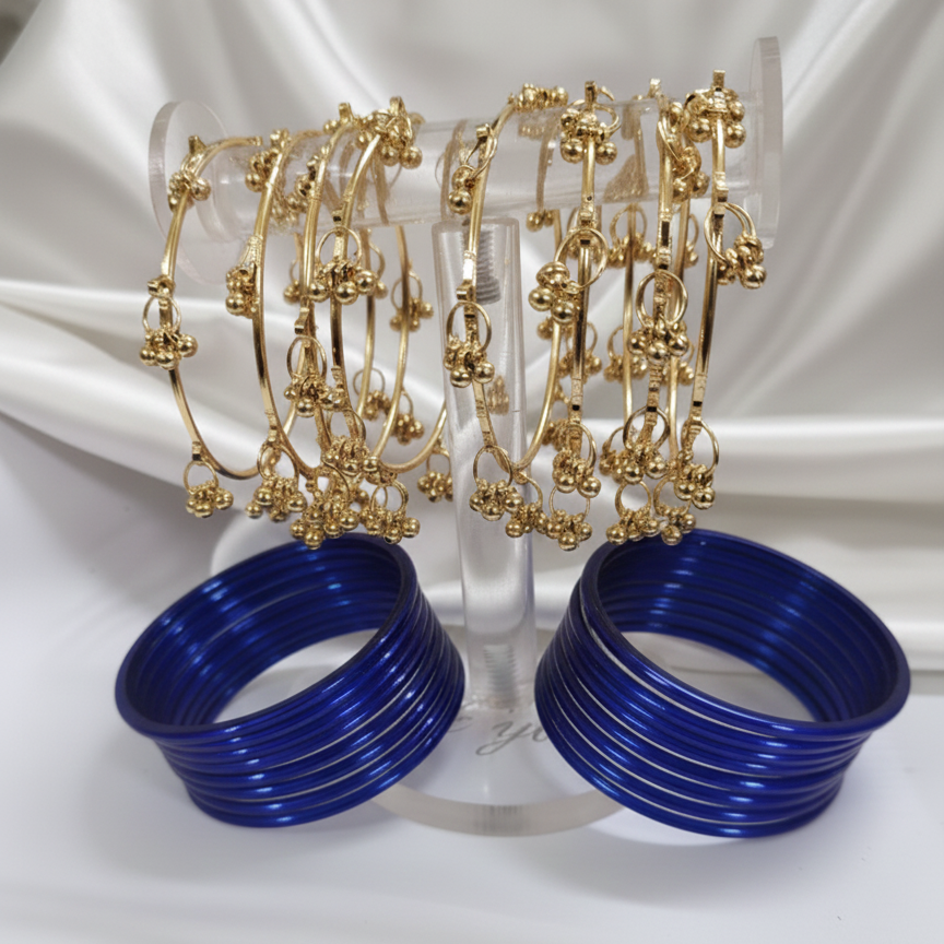 Traditional Blue Glass Bangles with Golden Ghungroo Detailing – Pack of 24