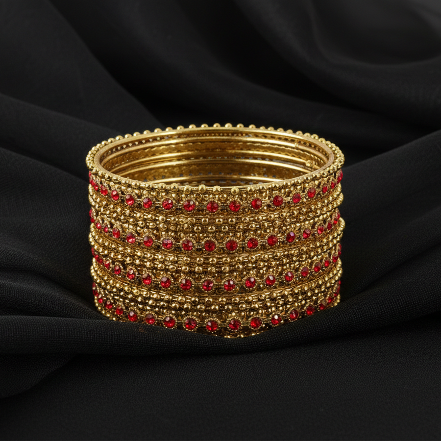 Gold Plated Red Zircon Ball Chain Bangles Set (Pack of 12)