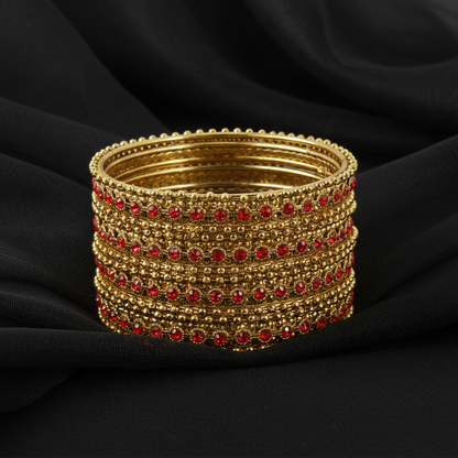 Gold Plated Red Zircon Ball Chain Bangles Set (Pack of 12)