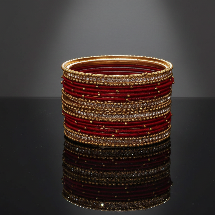 Traditional Maroon Silk Thread Bangle Set with Zircon Stones for Women & Girls