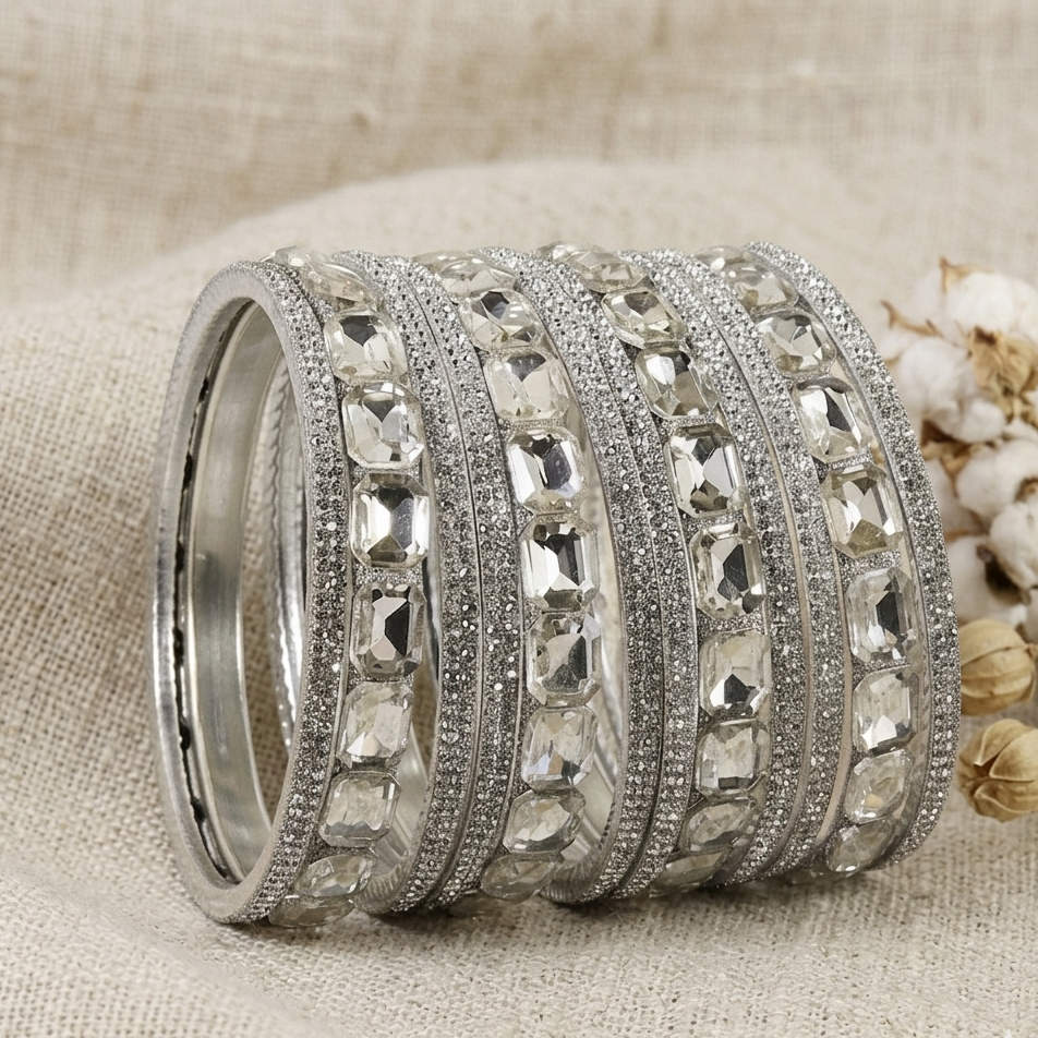 Silver Stone Bangles – Crystal-Cut Metal Set set of 2