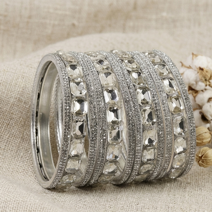 Silver Stone Bangles – Crystal-Cut Metal Set set of 2