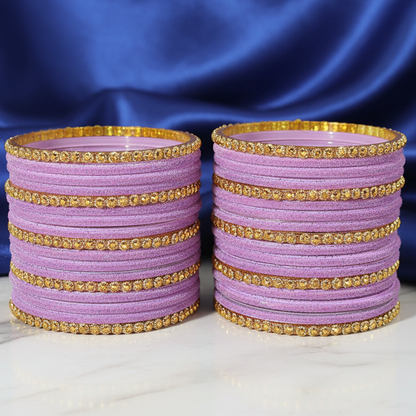Premium Glass & Golden Beads Velvet Bangles Set – Pack of 34 (Light Purple Color)