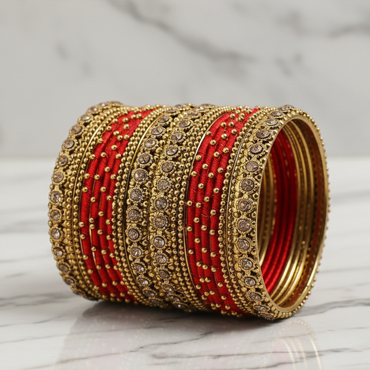 Traditional Red & Gold Silk Thread Bangles Set for Festive Wear – 20 Pieces