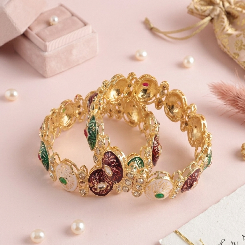 Antique Finish Gold Kada with Meenakari Work