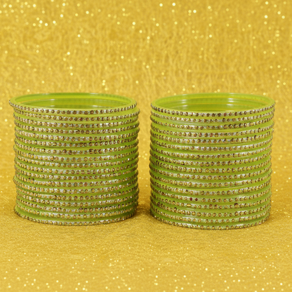 Dhani Green Glass Bangles with Golden Dots & Stone Work – Pack of 36