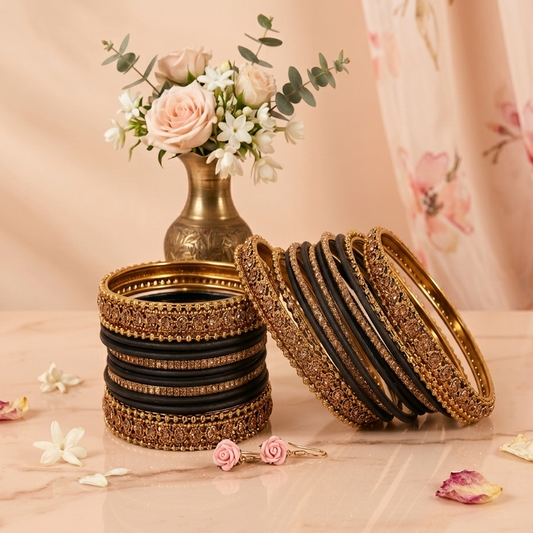 Black & Gold Bangle Set of 2 – Matte Finish with Stone-Studded Kada