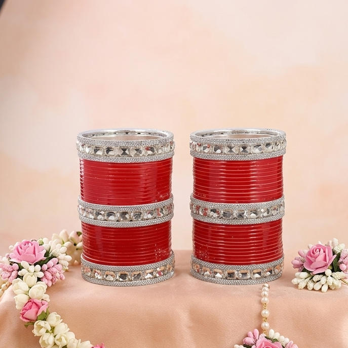 Red Acrylic Bridal Chuda – With Diamond-Cut Stone Bangles & Kada
