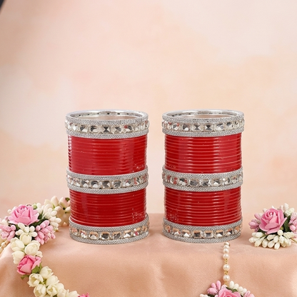 Red Acrylic Bridal Chuda – With Diamond-Cut Stone Bangles & Kada