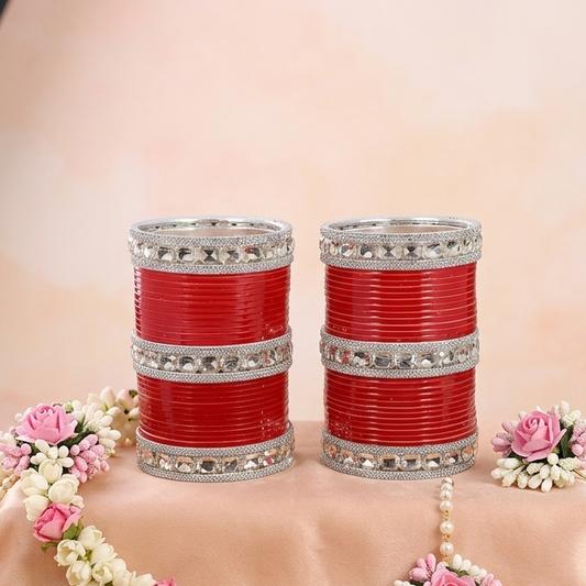 Red Acrylic Bridal Chuda – With Diamond-Cut Stone Bangles & Kada