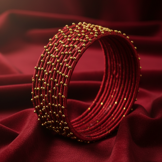 Maroon Silk Thread Ball Stone Linked Glossy Bangle Set for Women & Girls | Pack of 12