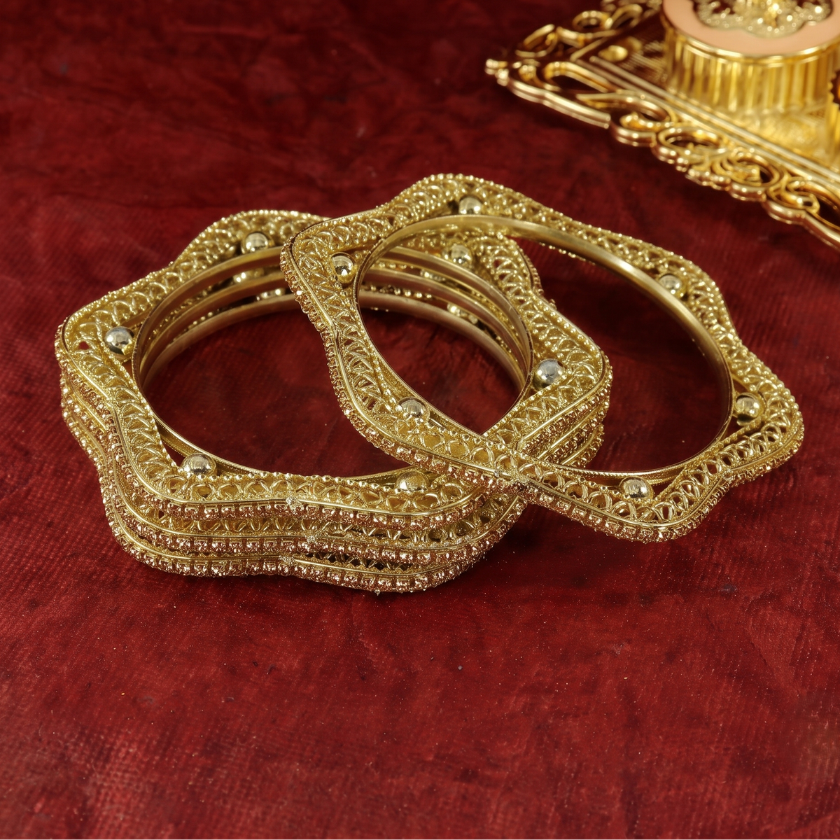 Golden Filigree Geometric Kada Bangles - Set Of 4