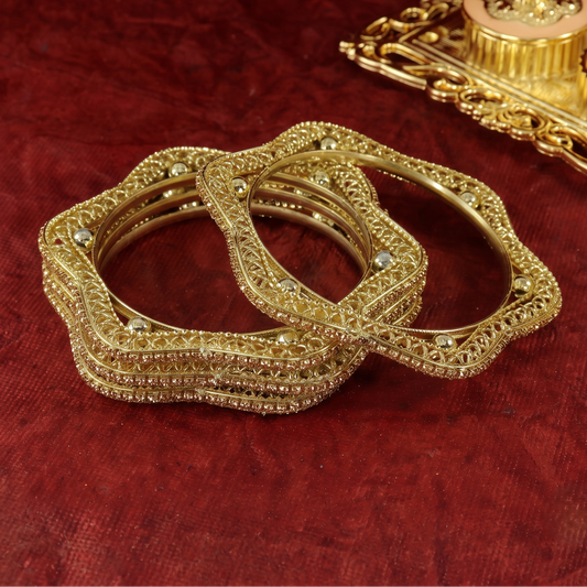 Golden Filigree Geometric Kada Bangles - Set Of 4