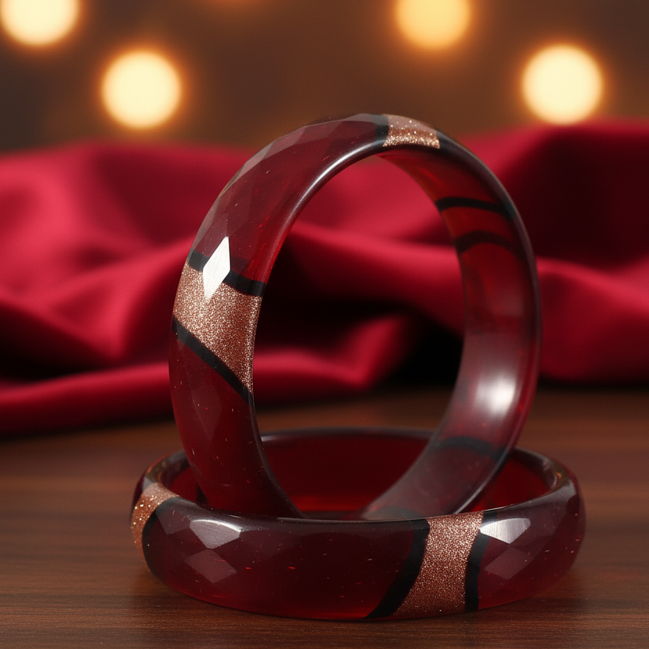 Ruby Red Faceted Glass Kada Bangle Set (2 Pcs)