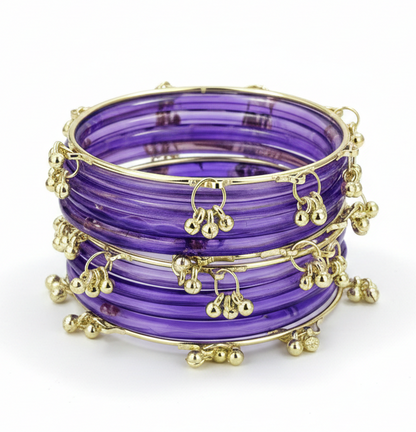 Traditional Lavender Ghungroo Bangles Set  Gold-Toned Alloy with Elegant Latkan Design | Festive & Wedding Wear (Set of 12)