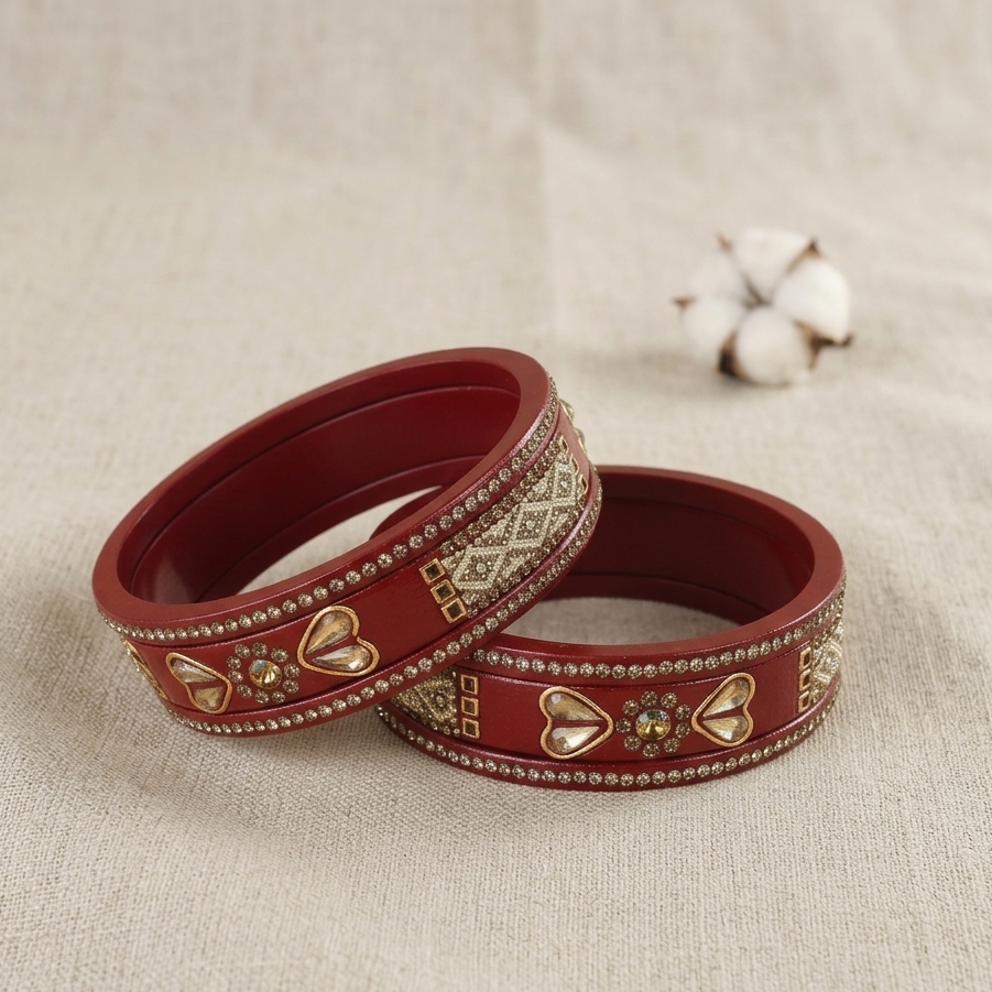 The Golden Zircon Diamond & Kundan Work Red Bangle Set with White Moti (Set of 6)