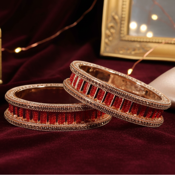 American Diamond Stone red Metal Kada Bangles (Set of 2)