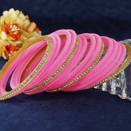 Pink Velvet & Glass Bangles Set with Stone Work – Pack of 32