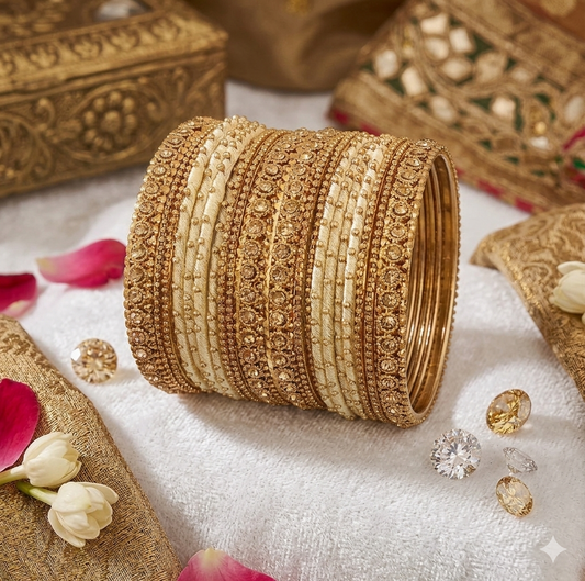 Golden Zircon Gemstone & Silk Thread Studded worked Ball Chain Linked Stylish Bangle Set For Women and Girls
