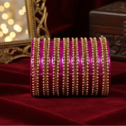 Magenta Zircon Studded Ball Chain Linked Bangle Set for Women & Girls