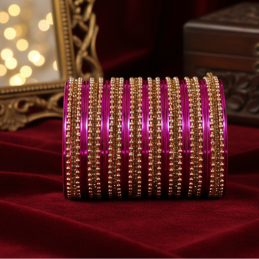 Magenta Zircon Studded Ball Chain Linked Bangle Set for Women & Girls