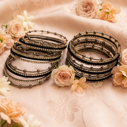 Grey Metal Beaded Bangles Set with Black Velvet & Zircon Stone Pack of 25