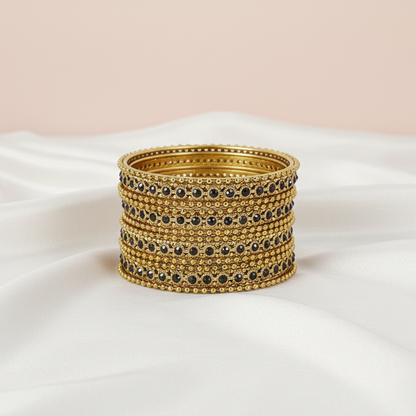 Gold Plated Black Zircon Ball Chain Bangles Set (Pack of 12)