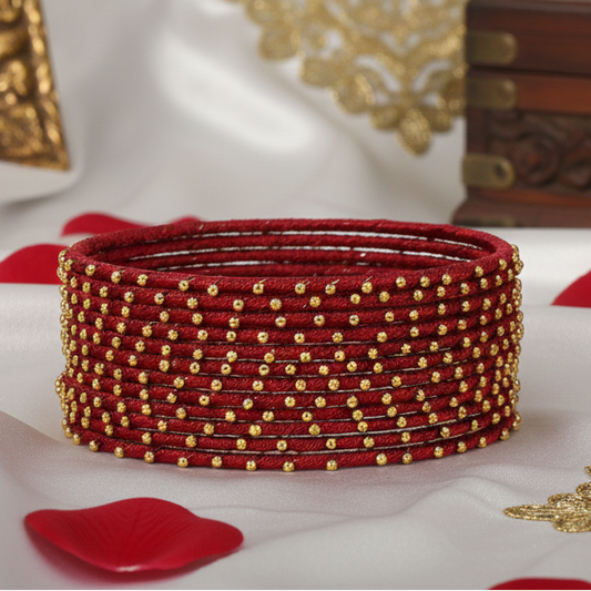 Maroon Silk Thread Ball Stone Linked Glossy Bangle Set for Women & Girls | Pack of 12