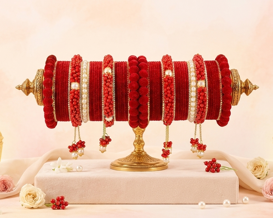 Red Velvet Bridal Chuda – Zircon, Bead & Kada Detailing set of 2
