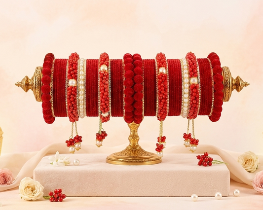 Red Velvet Bridal Chuda – Zircon, Bead & Kada Detailing set of 2