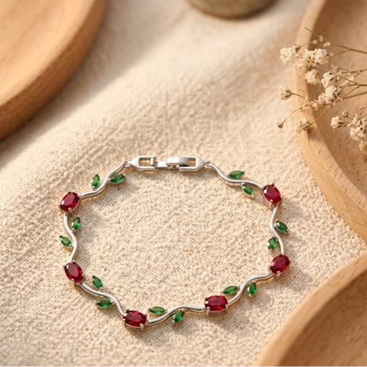 Trendy Tulip GreenRed Crystal Bracelet for Women  Floral Design Silver Plated Bracelet