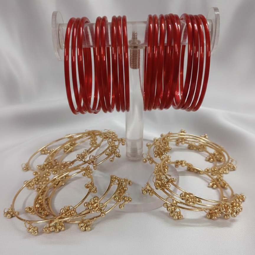 Bridal Red Glass Bangles with 8 Ghungroo Metal Charms – Set of 24