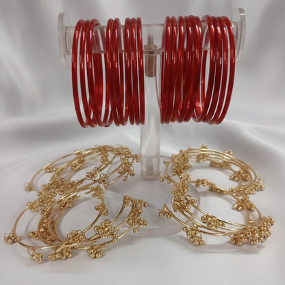 Bridal Red Glass Bangles with 8 Ghungroo Metal Charms – Set of 24
