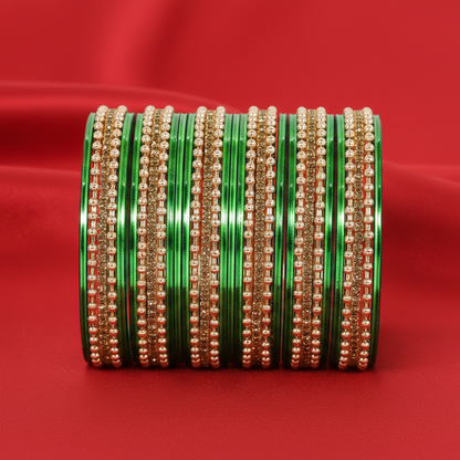 Zircon Studded Metal Bangles with Ball Chain & Plain Bangles Set